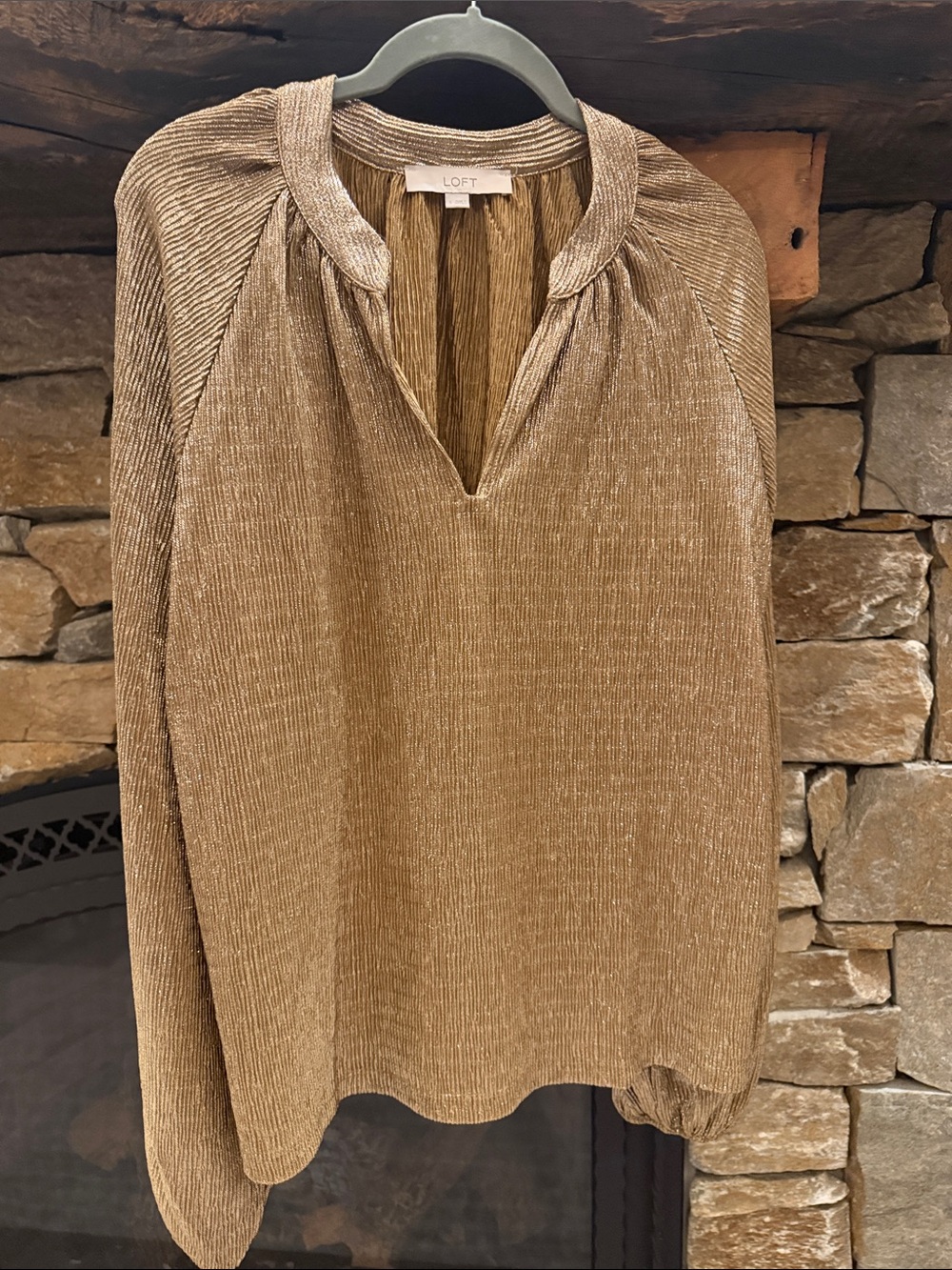 LOFT Metallic Taupe Pleated V-Neck Blouse- never worn